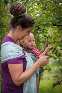Beikost Baby zeigt auf Apfel